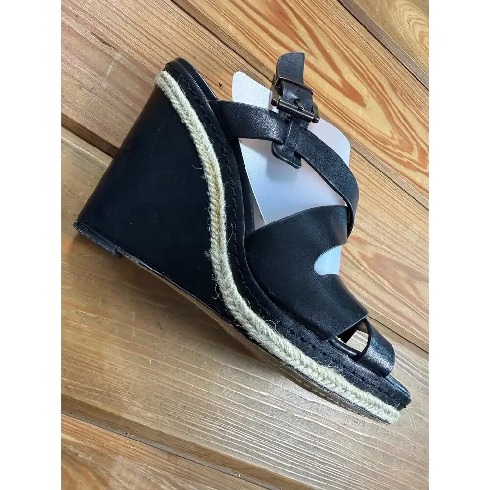 Vince Camuto Black Leather Espadrille Wedge Sandals Ankle Strap Women’s 7.5